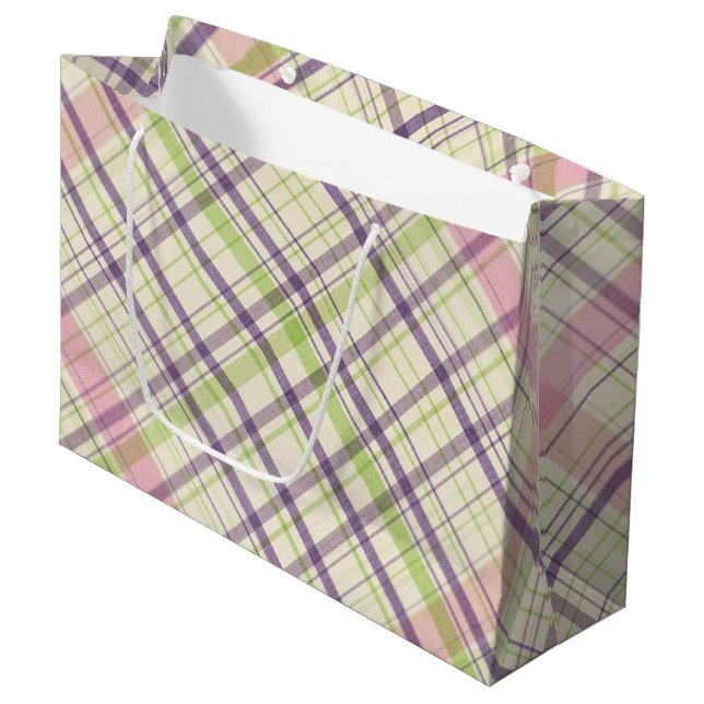 Grand Sac Cadeau Motif Tartan vert violet violet rose (Devant Angle)