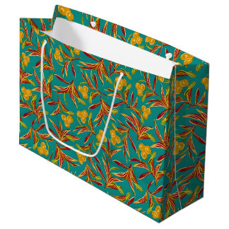 Grand Sac Cadeau Motif Tropical avec Feuilles Rouges et Jaunes