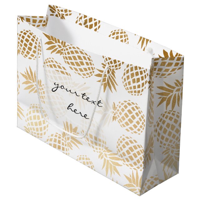 Grand Sac Cadeau motif tropical d'ananas d'or élégant de faux (Devant Angle)
