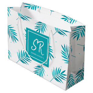 Grand Sac Cadeau Motif tropical feuille vert bleu