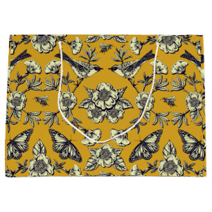 Grand Sac Cadeau Moutarde Jaune et Oiseaux de la Marine, Papillons 