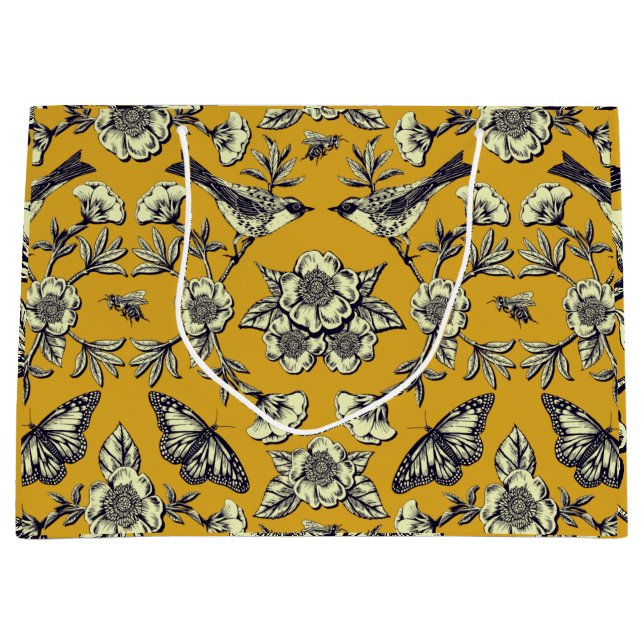 Grand Sac Cadeau Moutarde Jaune et Oiseaux de la Marine, Papillons  (Devant)