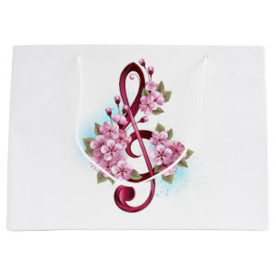 Grand Sac Cadeau Musical treble clef notes with sakura flowers