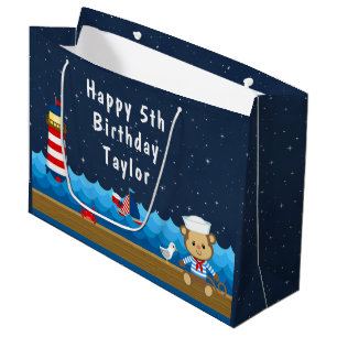 Grand Sac Cadeau Nautical Boy Monkey Red et Navy Joyeux anniversair
