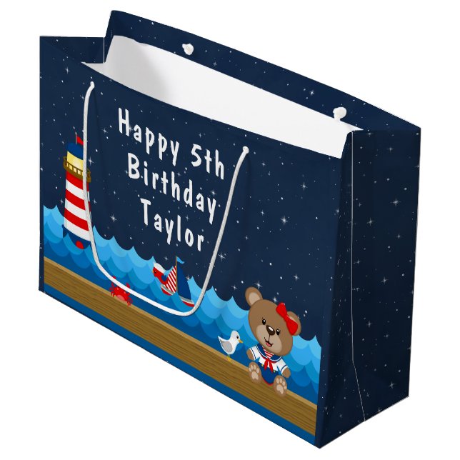 Grand Sac Cadeau Nautical Girl Bear Rouge et Marine Joyeux annivers (Devant Angle)