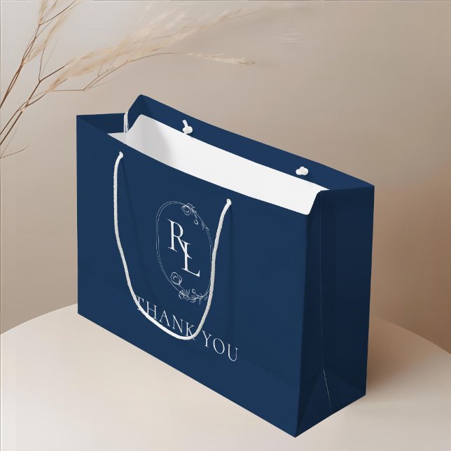 Grand Sac Cadeau Navy foncé | Remerciement de mariage à monogramme  (Créateur téléchargé)