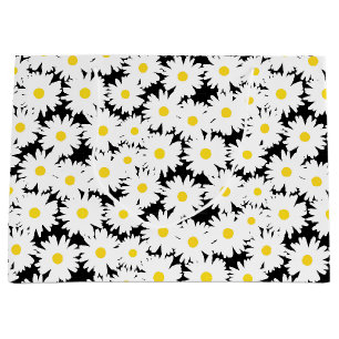 Grand Sac Cadeau Négative Space Daisies blanc jaune sur noir