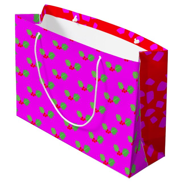 Grand Sac Cadeau Noël Abstrait Rouge Hot Rose Holly (Dos Angle)