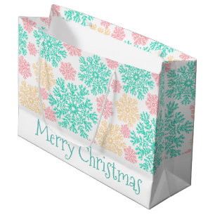 Grand Sac Cadeau Noël Aqua Pink et Gold Snowflakes