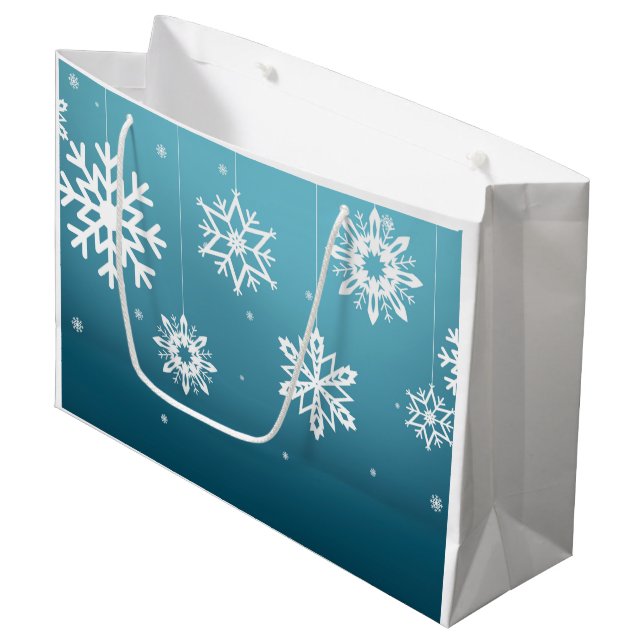Grand Sac Cadeau Noël blanc bleu de motif de flocons de neige (Devant Angle)