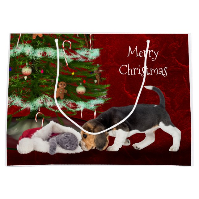 Grand Sac Cadeau Noël de chat et de beagle (Devant)