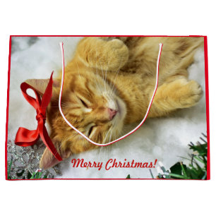 Grand Sac Cadeau Noël de chat Tabby Orange Personnalisé