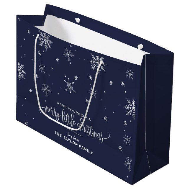 Grand Sac Cadeau Noël des flocs à neige de la Marine (Devant Angle)
