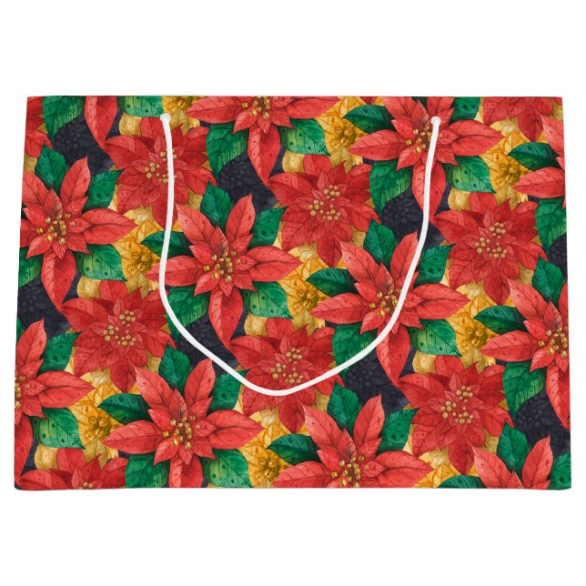Grand Sac Cadeau Noël des Poinsettias Rouge et Or (Devant)