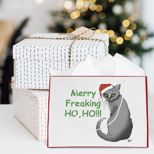 Grand Sac Cadeau Noël Drôle Chat Gris Grincheux Humour Férié