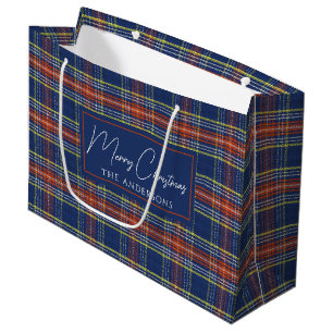 Grand Sac Cadeau Noël écossais Tartan Bleu Classique Brûlé Orange