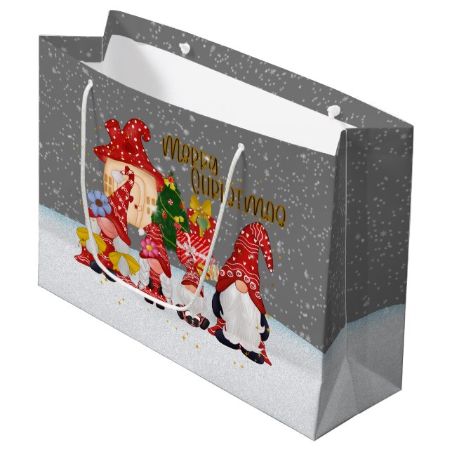 Grand Sac Cadeau Noël festif gnomes de Noël (Devant Angle)