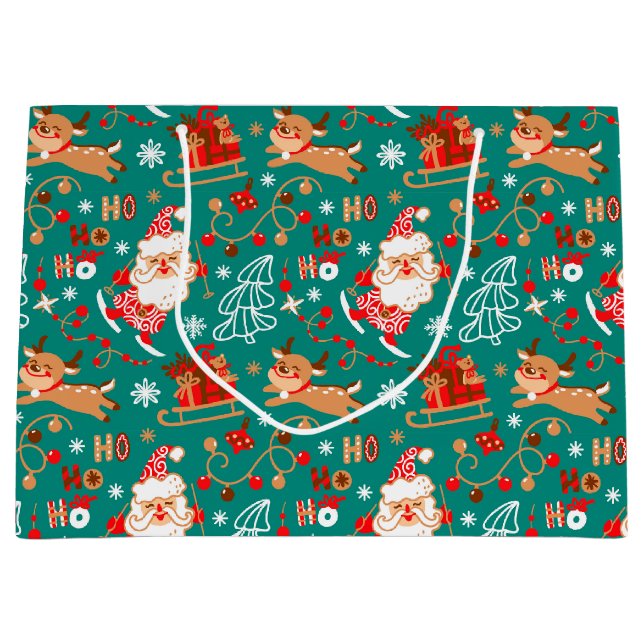 Grand Sac Cadeau Noël festif Père Noël et rennes (Devant)