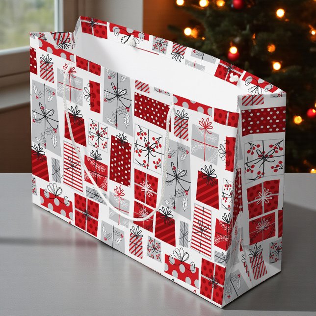 Grand Sac Cadeau Noël Festif Rouge argent moderne Cadeaux (Créateur téléchargé)