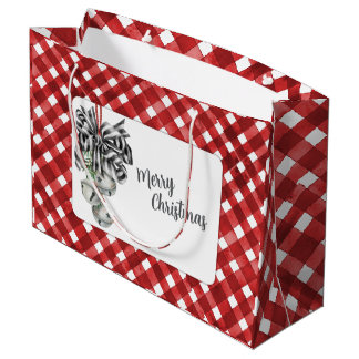 Grand Sac Cadeau Noël Gingham Rouge Rustique