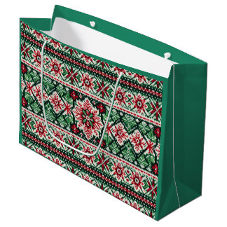 Grand Sac Cadeau Noël/Île Fair d'hiver rouge & vert