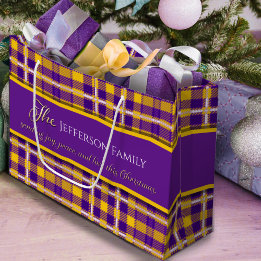 Grand Sac Cadeau Noël joie paix amour violet jaune tartan
