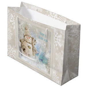 Grand Sac Cadeau Noël mignon Snowman avec des flocons de neige