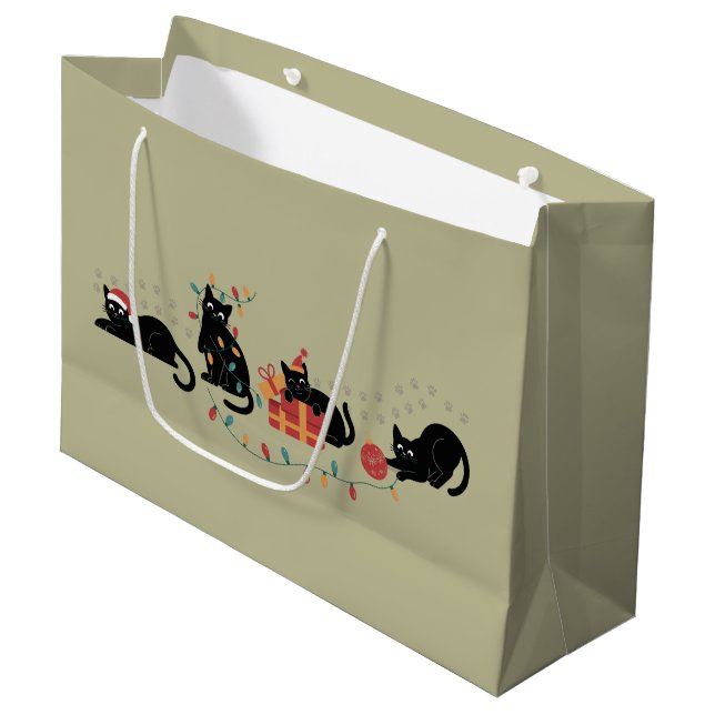 Grand Sac Cadeau Noël Mignonne Amoureux des chats Crew Feux de Noël (Devant Angle)