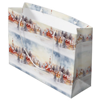 Grand Sac Cadeau Noël Neige hiver Wonderland Village Paysage
