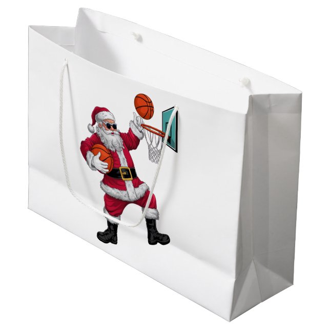 Grand Sac Cadeau Noël Père Noël Dunking Un Basket-ball Noël (Devant Angle)