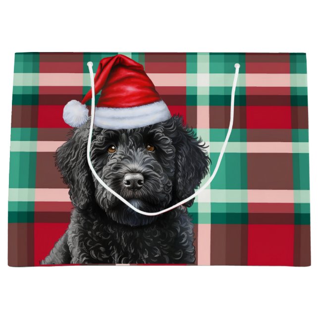 Grand Sac Cadeau Noël Plaid Black Labradoodle Amoureux des chiens (Devant)