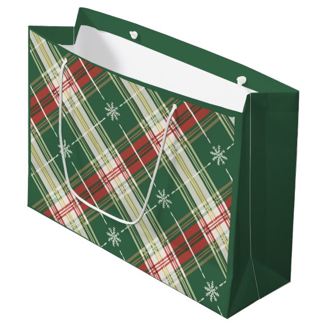 Grand Sac Cadeau Noël Plaid Blanc Or (Devant Angle)
