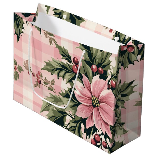 Grand Sac Cadeau Noël Poinsettie rose (Devant Angle)