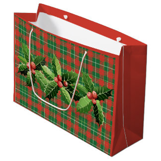 Grand Sac Cadeau Noël Rouge Vert Carreaux Avec Couronne