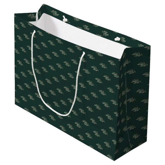 Grand Sac Cadeau Noël Verdure Feuilles & Berries (Devant Angle)