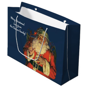 Grand Sac Cadeau Noël vintage, Jolly Santa Claus avec jouets