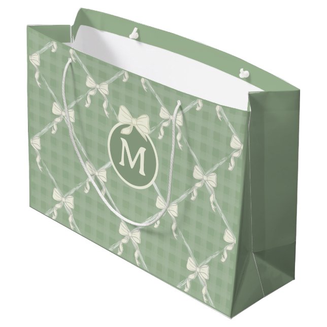 Grand Sac Cadeau Nœuds Coquette Gingham Monogramme Crème Vert Sauge (Dos Angle)