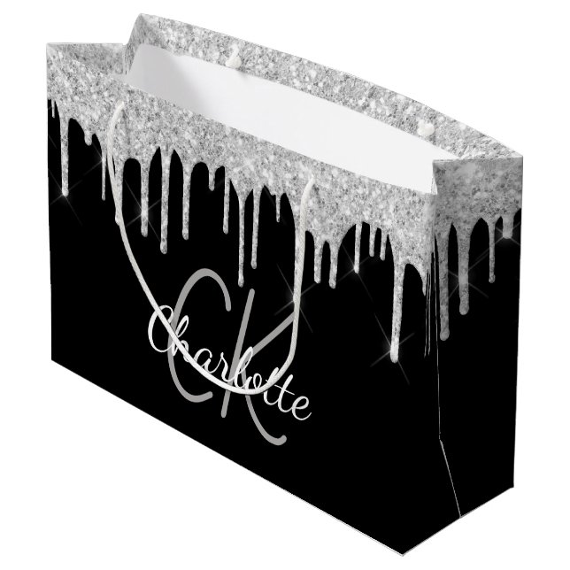 Grand Sac Cadeau Noir argent monogramme nom moderne élégant (Dos Angle)