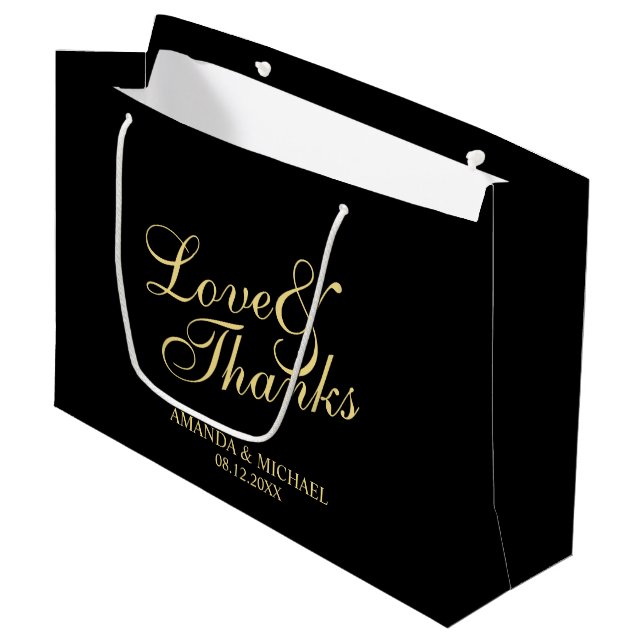 Grand Sac Cadeau Noir de "amour et de mercis" et faveur élégante de (Devant Angle)