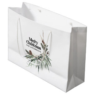 Grand Sac Cadeau Noir élégant aquarelle botanique Noël chic