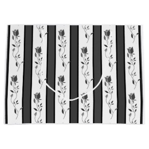Grand Sac Cadeau Noir et blanc gris rayé vintage avec des roses