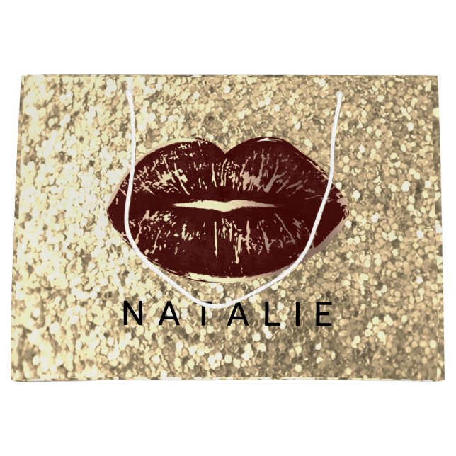 Grand Sac Cadeau Nom Bride Brown Kiss Lips Parties scintillant Cham (Devant)
