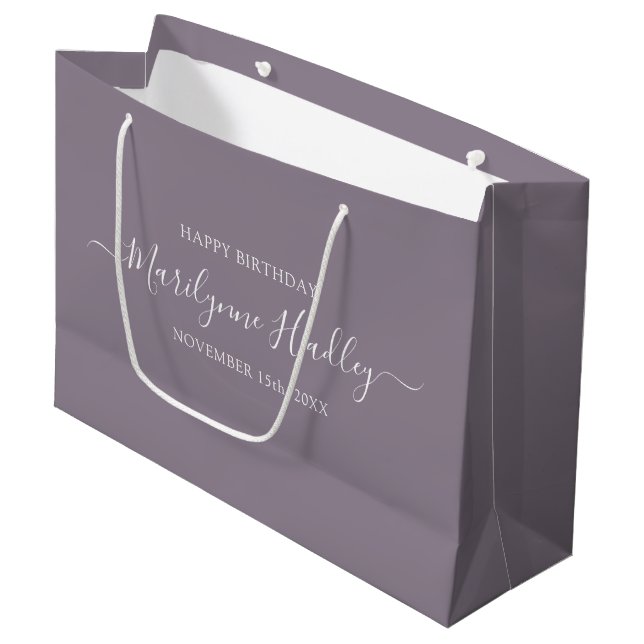 Grand Sac Cadeau Nom Date Anniversaire violet (Devant Angle)