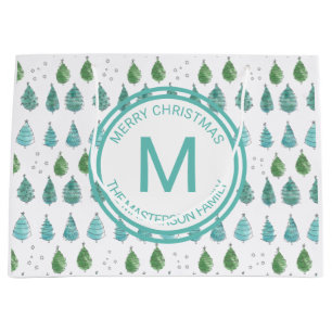 Grand Sac Cadeau Nom de famille Monogramme Joyeux Noël Arbres verts