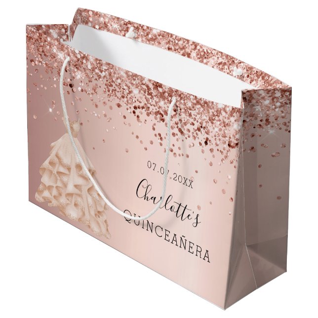 Grand Sac Cadeau Nom de la robe d'or rose Quinceanera (Dos Angle)