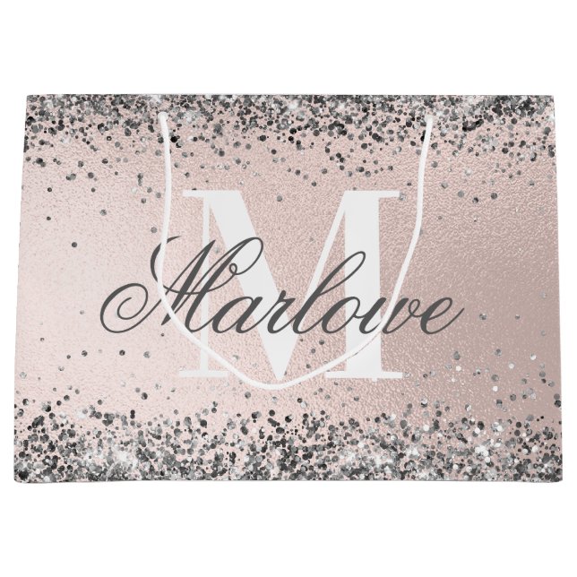 Grand Sac Cadeau Nom de monogramme personnalisé argenté pailleté ro (Devant)