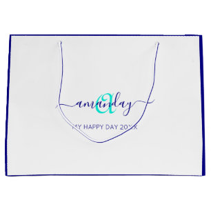 Grand Sac Cadeau Nom du monogramme Blanc Bleu Bridal Sweet 16e Mari