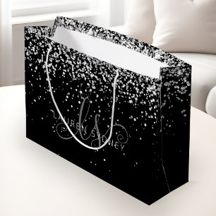 Grand Sac Cadeau Nom du monogramme de Parties scintillant d'argent 