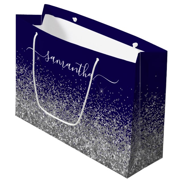 Grand Sac Cadeau Nom élégant bleu foncé et paillettes argentées (Devant Angle)