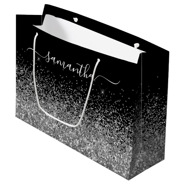 Grand Sac Cadeau Nom élégant pailleté noir et argent (Devant Angle)